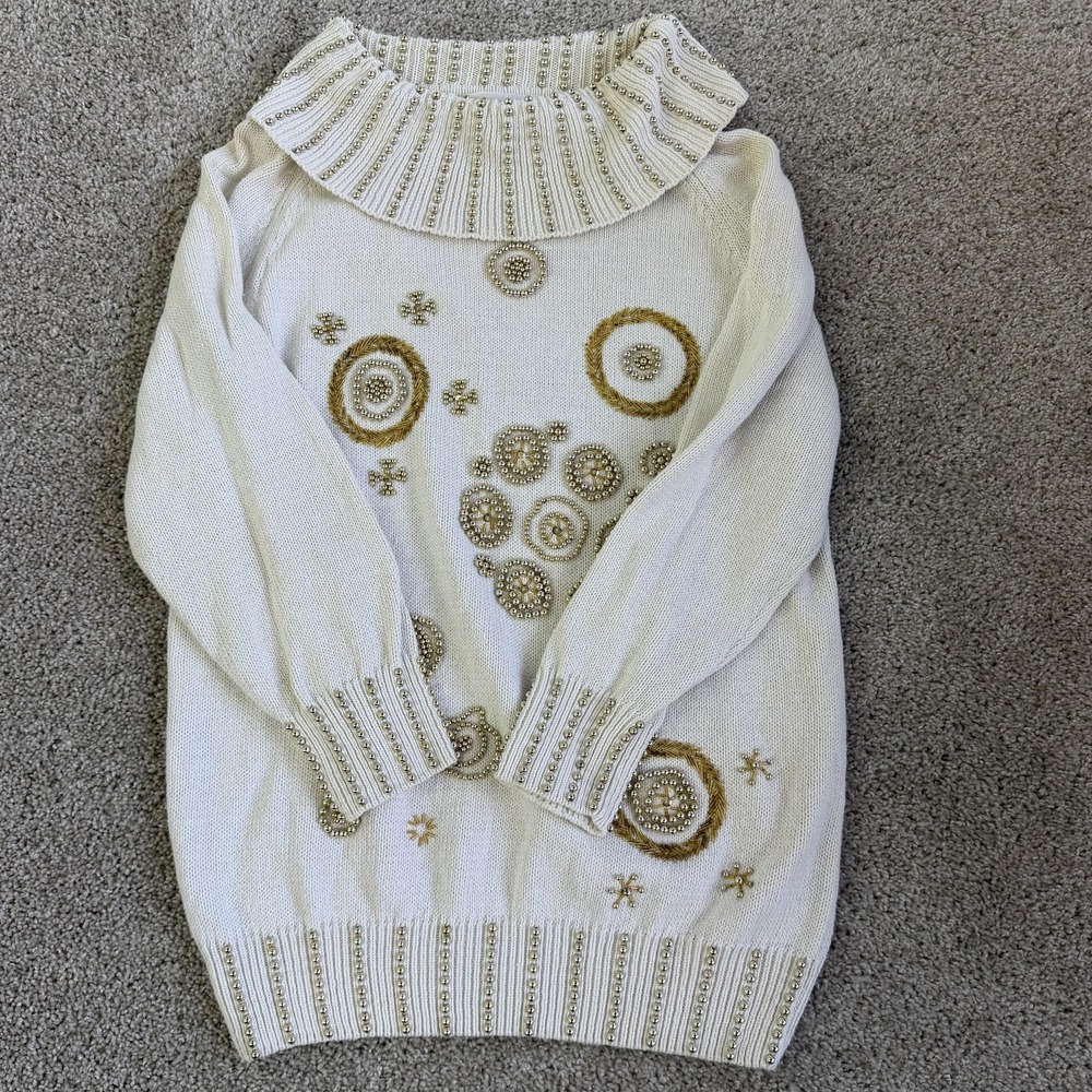 Vintage 90s Sweater Womens Large White Beaded Embroidered Turtleneck Knit
